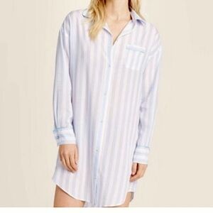 Stars Above Simply Cool Blue Striped Button-Up Sleep Shirt Satin Trim Sz S